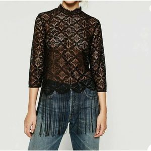 ZARA black sheer lace long fringe Top Blouse Shirt 3/4 sleeves mock neck Medium